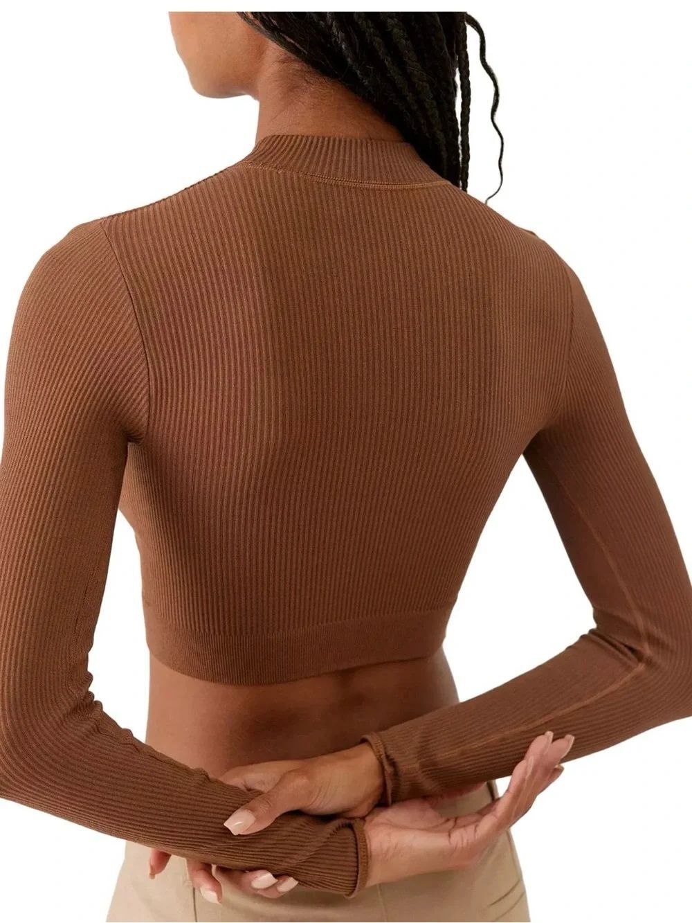0171 HALARA Brown Ribbed Cropped Long-Sleeve Top
